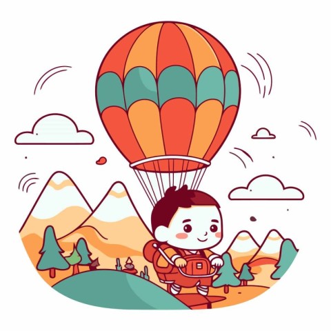 Boy flying on hot air balloon in the mountains.