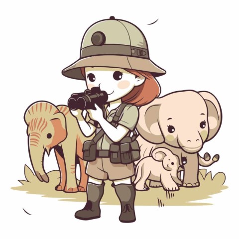 illustration of a girl in safari outfit with a camera and wild a