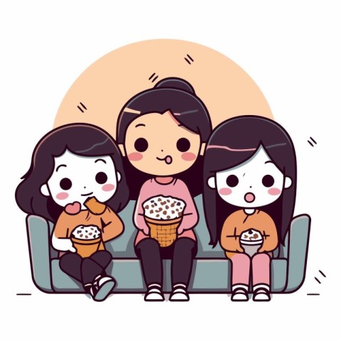 Illustration of Stickman Kids Sitting on Sofa and Eating Popcorn