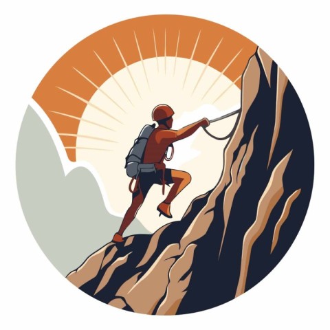 Climber on the cliff in retro style.