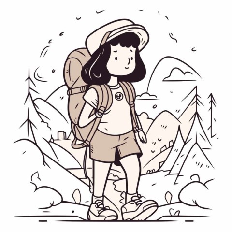 Traveler girl with a backpack and hat in sketch style.