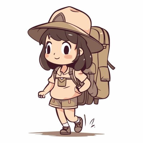 Vector illustration of a little girl in safari hat with backpack