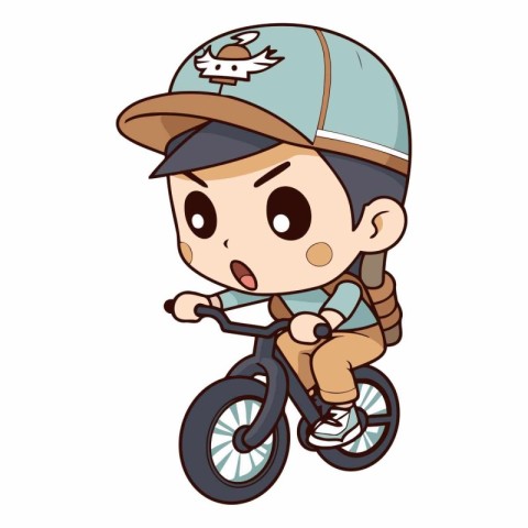 Boy riding a bike on a white background in a cartoon style.