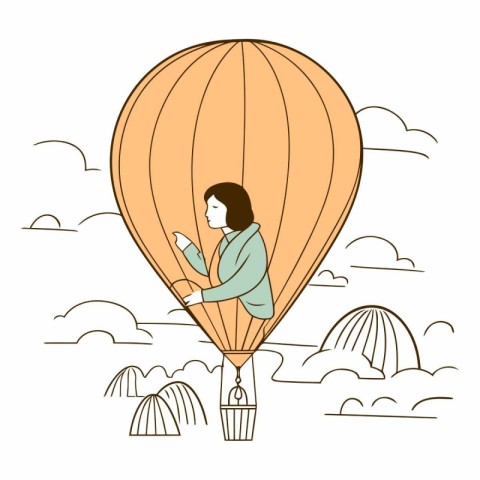 Businesswoman flying on hot air balloon in cartoon style.