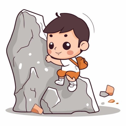 Little boy climbing on the rock in cartoon style.