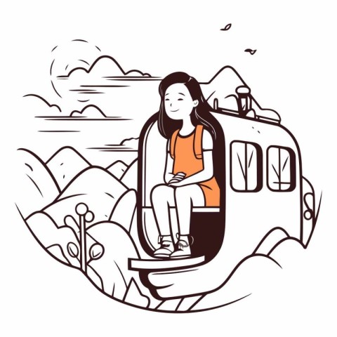 Vector illustration of a girl sitting on a train in the mountain