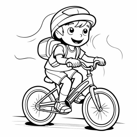 Black and White Cartoon Illustration of Kid Riding a Bicycle or