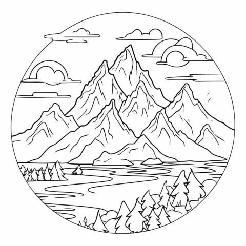 Mountains and lake in the circle. Coloring book for adults.