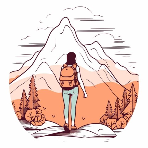 Hiking woman with backpack in mountains in sketch style