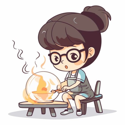 Girl making a fire in the fireplace of a cartoon character.