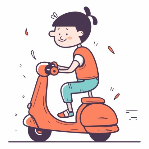 Cute little girl riding scooter in cartoon style.