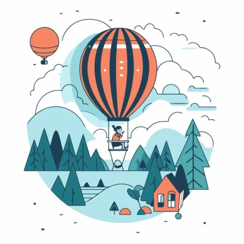 Hot air balloon flying over the forest in flat style