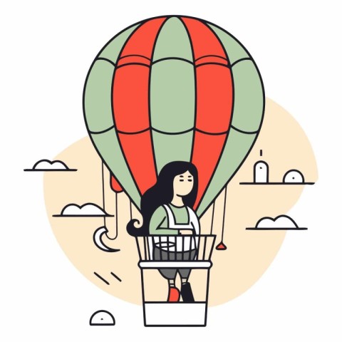 Vector illustration of a woman flying in a hot air balloon. Flat