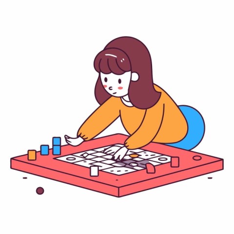 Girl playing board game in doodle style.