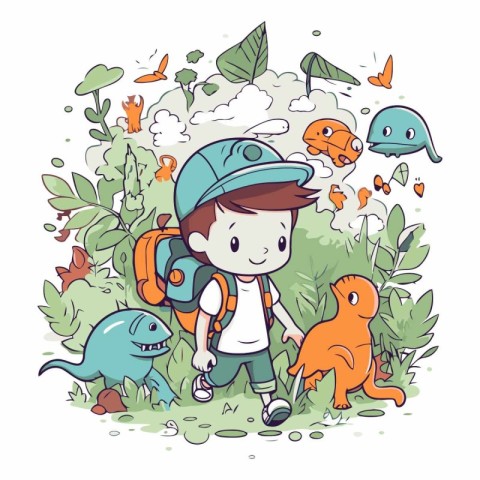 Cute boy with backpack and dog in the garden.