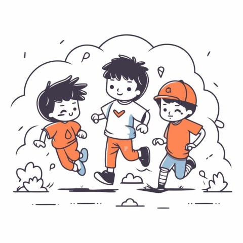 Cute kids running in the rain in sketch style.