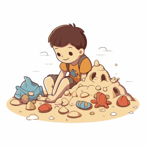 Cute boy playing with sand on the beach.