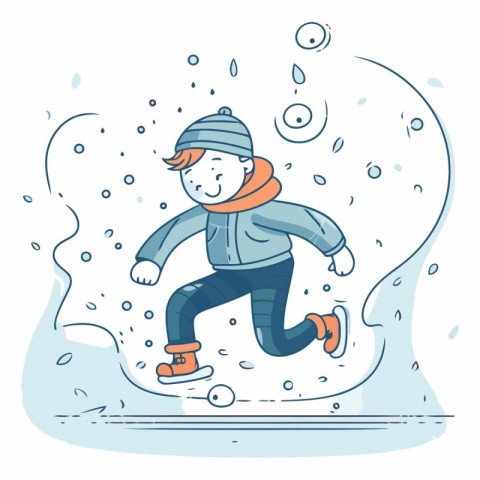 Vector illustration of a boy in winter clothes skating on the ic