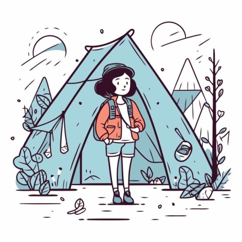 Vector illustration of a girl with a backpack standing near a te