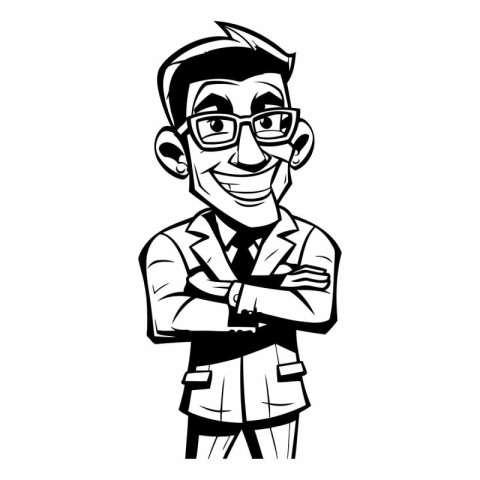 Vector black and white illustration of a man in glasses with cro