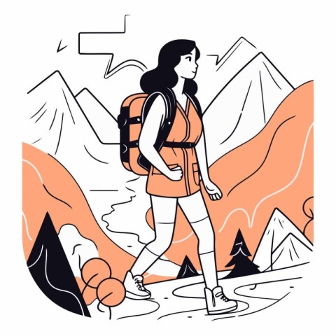 Vector illustration of a girl with a backpack hiking in the moun