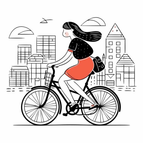 Young woman riding a bicycle in the city in flat style.