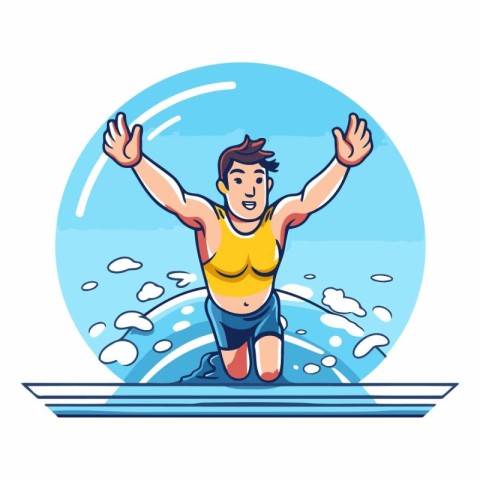 Man jumping on the surfboard in flat style.