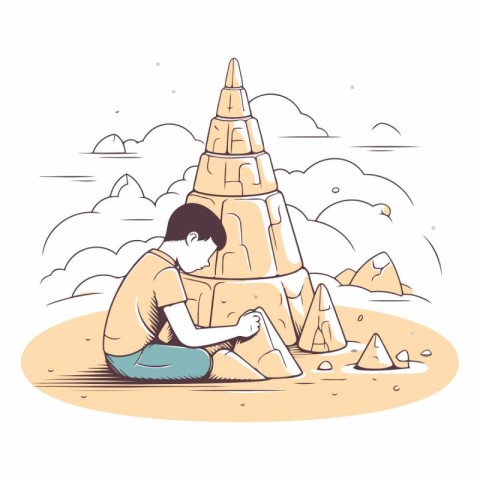 Man sitting on the sand and looking at the pyramid