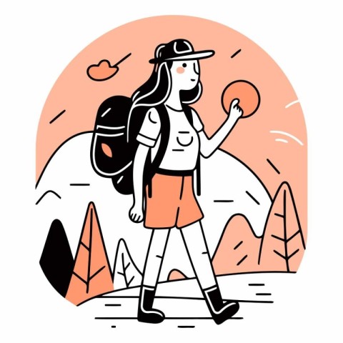 Hiking girl with backpack and map in flat style