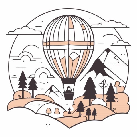 Vector illustration of hot air balloon flying over the forest an