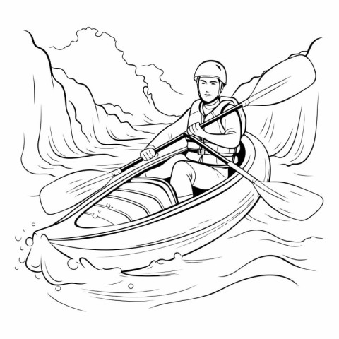 Man in a kayak. Black and white vector illustration for coloring