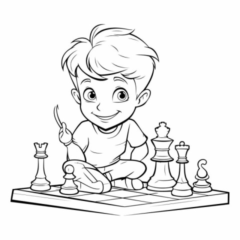 Boy playing chess. Coloring book for children.