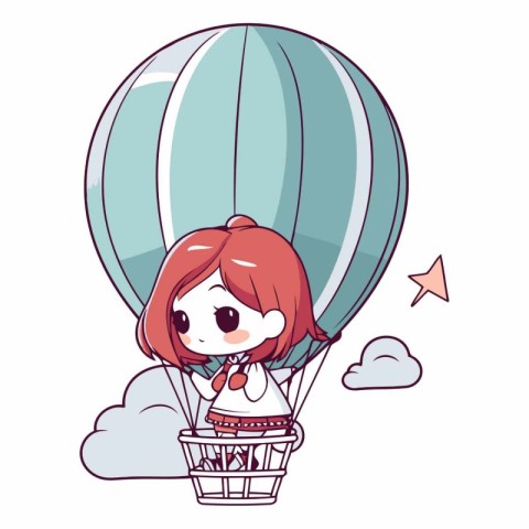 cute little girl flying in hot air balloon cartoon vector illust