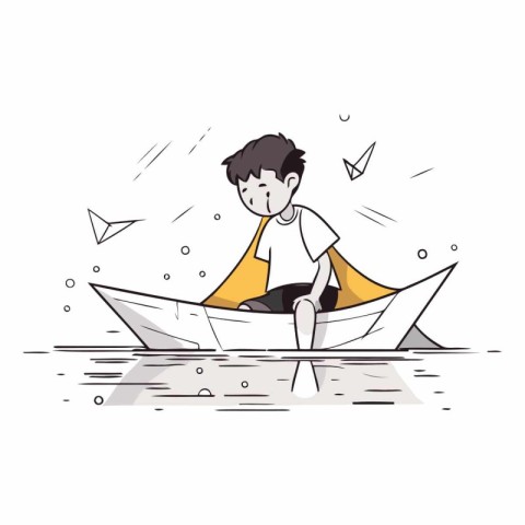 Vector illustration of a boy in a boat on a white background.