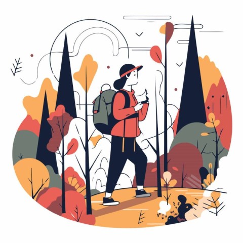 Hiking woman with backpack in the autumn forest.