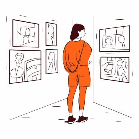 Woman looking at paintings in art gallery in flat style