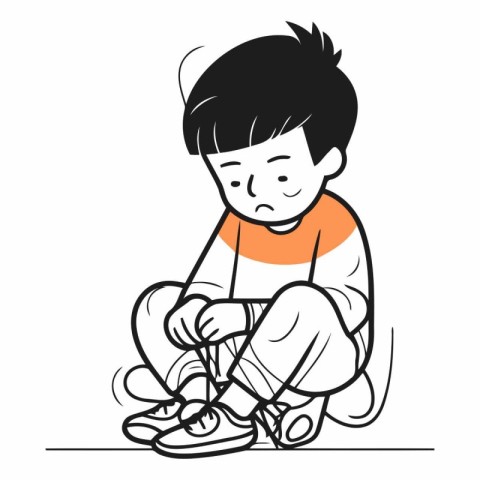 Boy sitting and tying shoelaces on shoes.