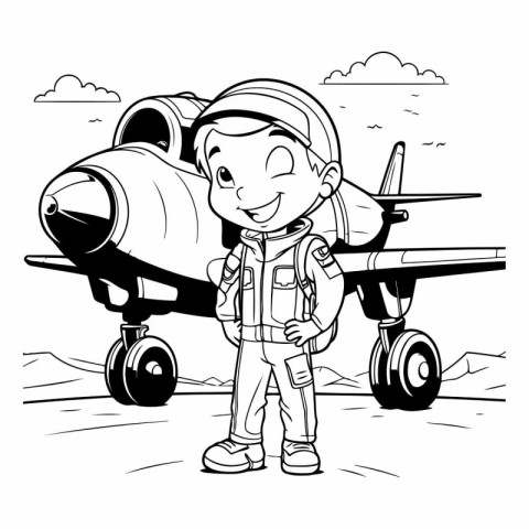 Boy with a space suit and airplane. Coloring book.