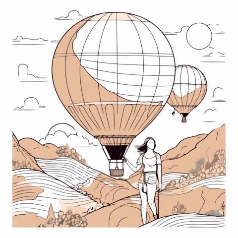 Woman with hot air balloon in the mountains. Hand drawn vector i