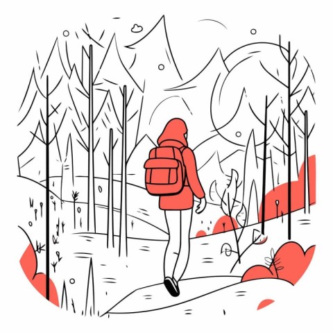 Vector illustration of a girl with a backpack walks through the