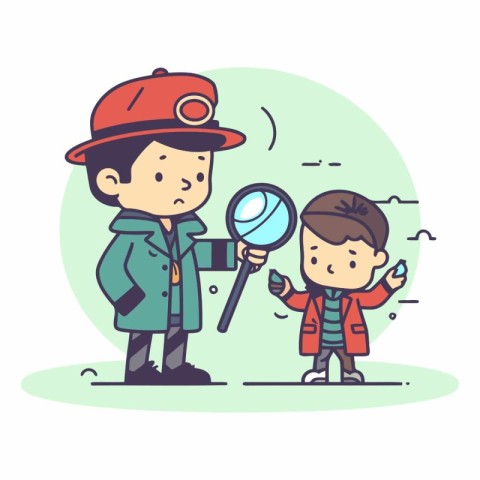 Vector illustration of a boy and his father with magnifying glas