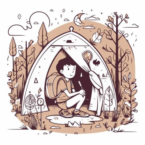 Vector illustration of a boy sitting in a tent in the woods.