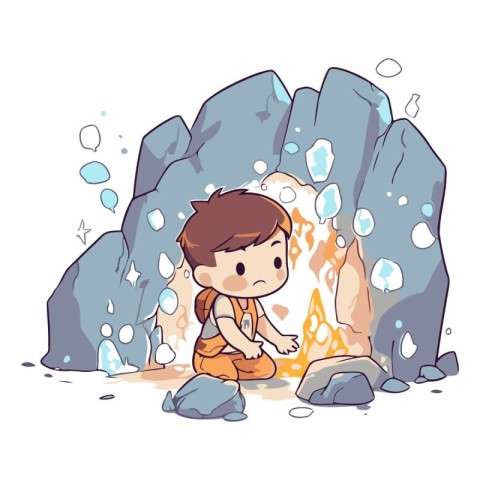 Cute little boy playing in the cave. Cartoon vector illustration