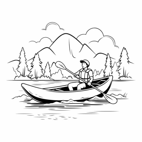 Man in a kayak on the lake. Black and white vector illustration.