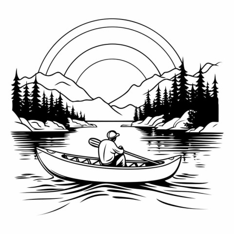 Fisherman in a boat on the lake. Black and white illustration.