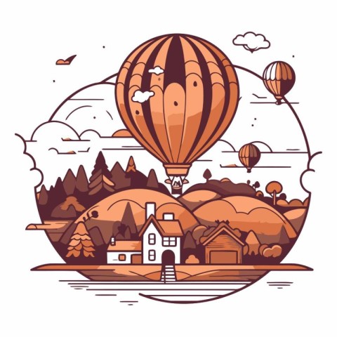 Hot air balloon flying over the countryside in cartoon style.