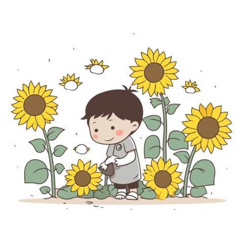 Boy playing with sunflowers. Cute cartoon vector illustration.