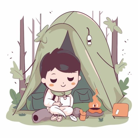 Cute little boy camping in the forest. Cartoon style.