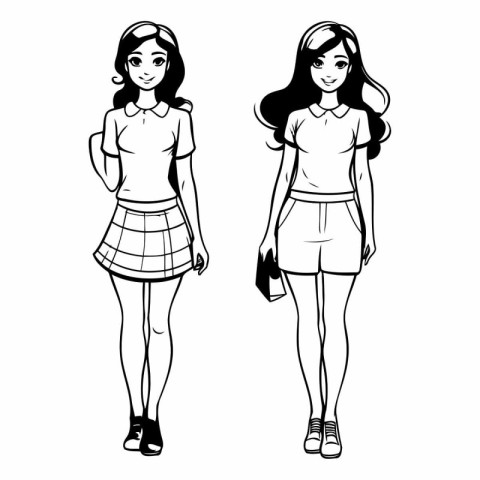 Fashion girls sketch in black and white colors vector illustrati