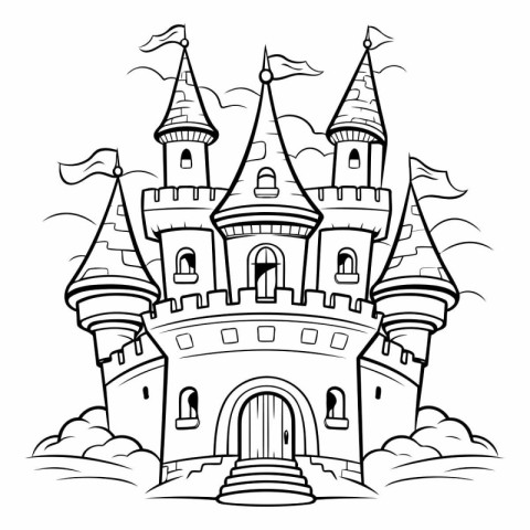 Fairytale castle. Black and white vector illustration for colori